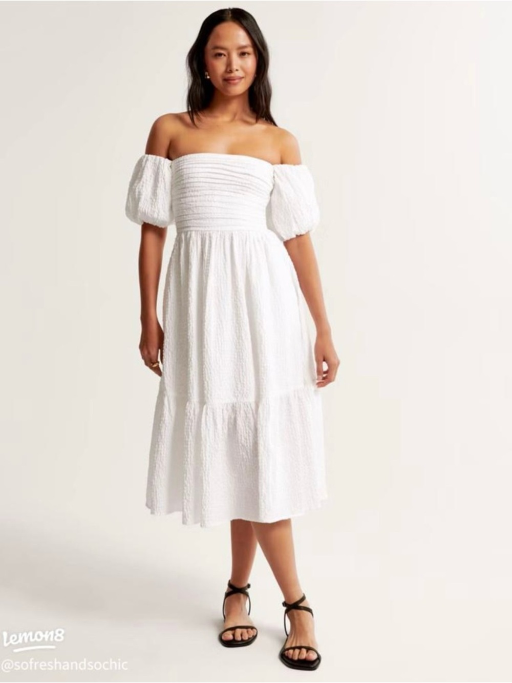Abercrombie & Fitch White Off-Shoulder Puff Sleeve Midi Dress
